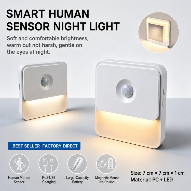 Double-Sided Emitting Magnetic Motion Sensor Night Light Type-C Rechargeable Stick on Wall Light, Warm Light, White Light