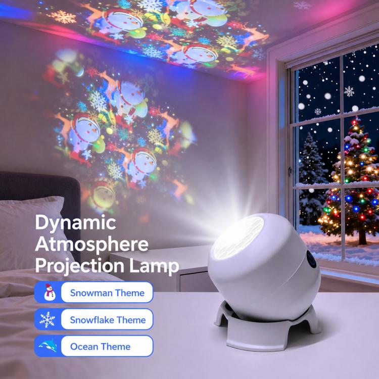 White LED projector light with three-foot base, projecting colorful light patterns