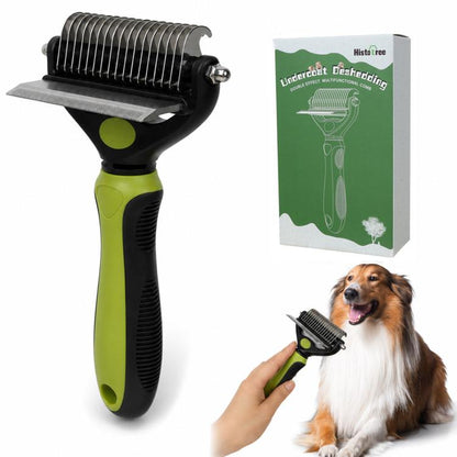 2-in-1 pet grooming dematting comb with rake blade and black metal teeth, green handle