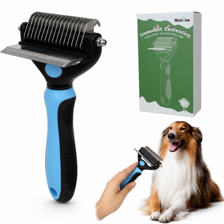 2-in-1 pet grooming dematting comb with rake blade and black metal teeth, blue handle