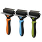 Set of 2-in-1 pet dematting combs with rake blades and curved metal teeth in orange, blue, green