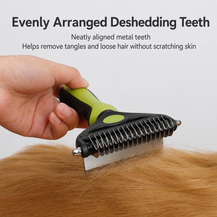 Pet dematting comb with evenly spaced metal teeth on black head, green handle
