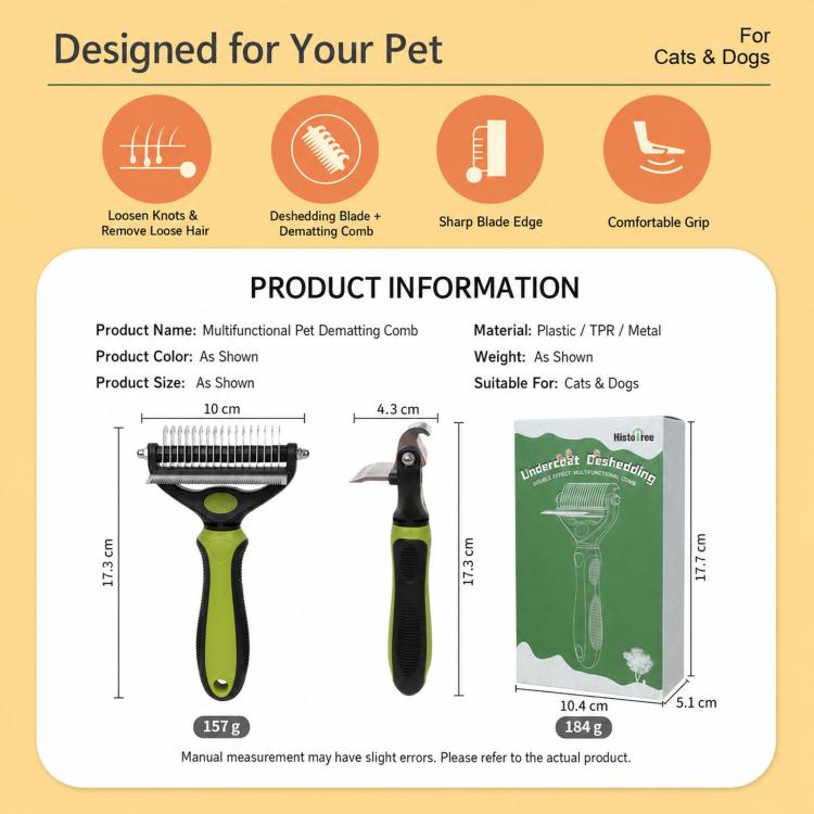 2-in-1 pet grooming dematting comb tool with size diagram and packaging card