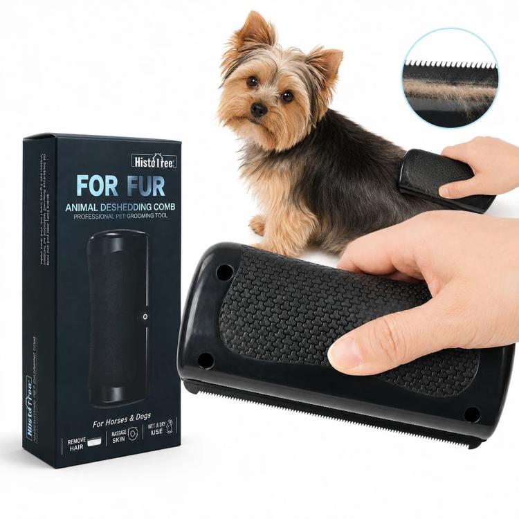 HistoTree animal deshedding comb with metal shedding blade, used on small dog fur