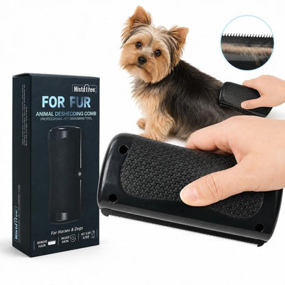 HistoTree animal deshedding comb with metal shedding blade, used on small dog fur