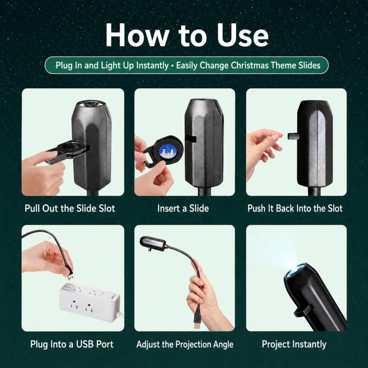 Black USB LED projector light with replaceable slide being inserted into slot