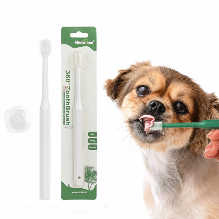 White pet toothbrush with soft TPE micro bristles and small rounded brush head for pets