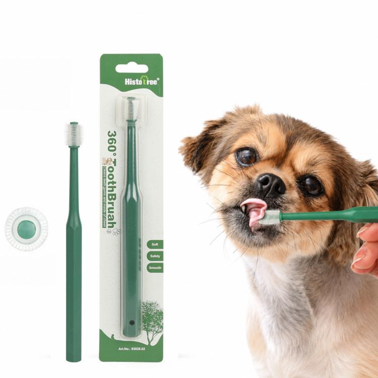 Green pet toothbrush with soft TPE micro bristles for gentle cleaning on small pets