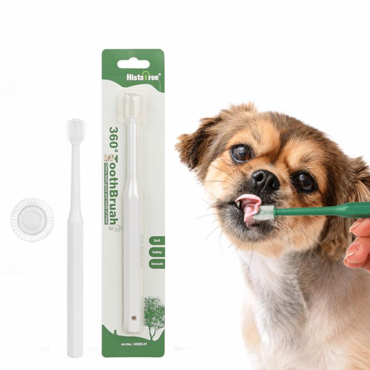 White pet toothbrush with soft TPE micro bristles for gentle cleaning on small pets