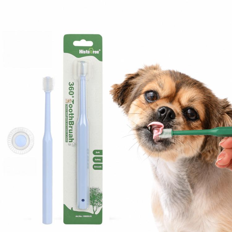 Light blue pet toothbrush with soft TPE micro bristles and compact rounded brush head
