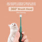 Green pet toothbrush with 360-degree compact brush head held near a pet’s mouth