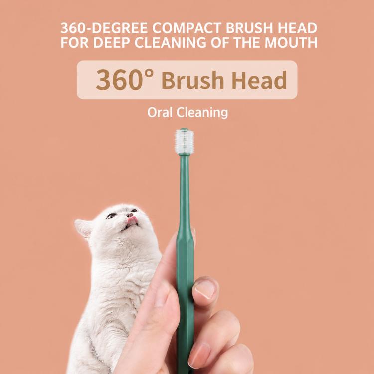 Green pet toothbrush with 360-degree compact brush head held near a pet’s mouth