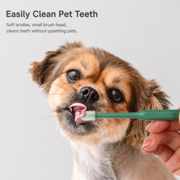 Small pet toothbrush with green handle and soft TPE brush head for teeth cleaning