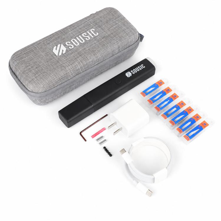 Ultrasonic cutting pen kit with gray case, black tool body, multiple blade heads, and cables