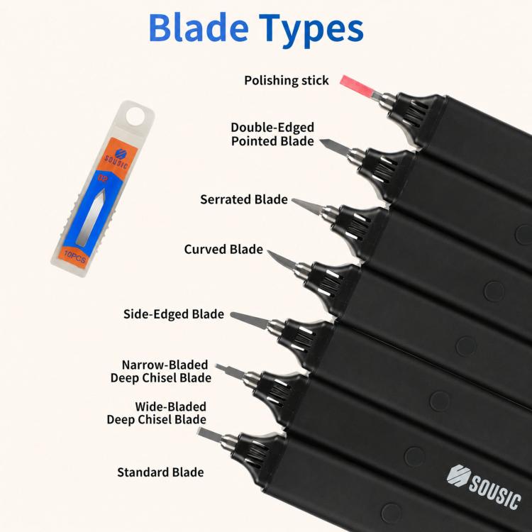 Set of ultrasonic cutting blade heads shown on a black tool handle