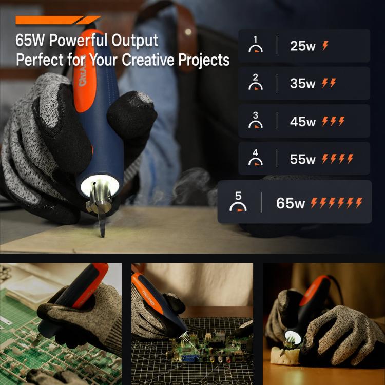 Gloved hands using ultrasonic cutting knife on circuit board during powered cutting