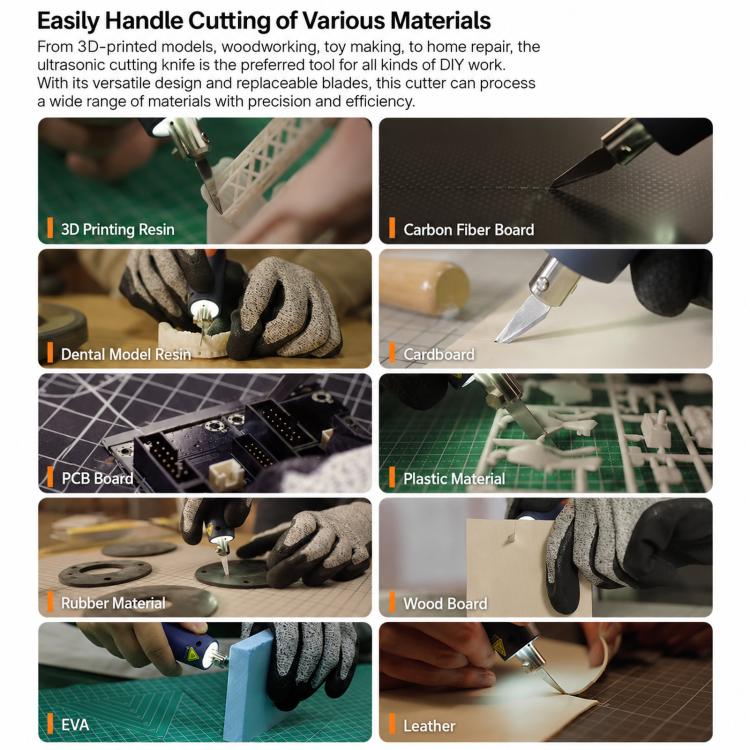 Ultrasonic cutting knife cutting craft materials such as resin, rubber, cardboard, and wood
