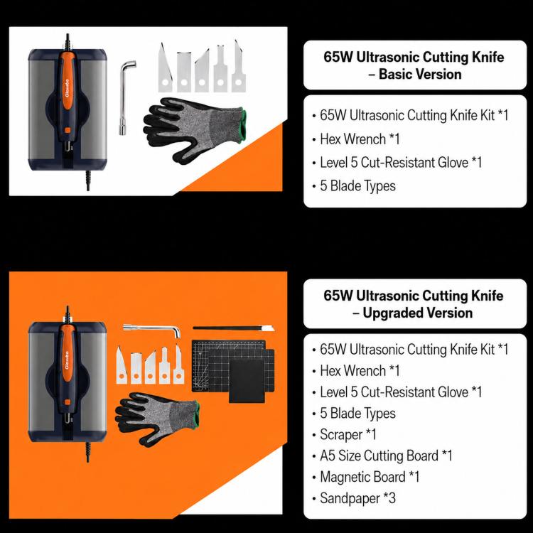 65W ultrasonic cutting knife kit contents with blades, hex wrench, glove, and accessories