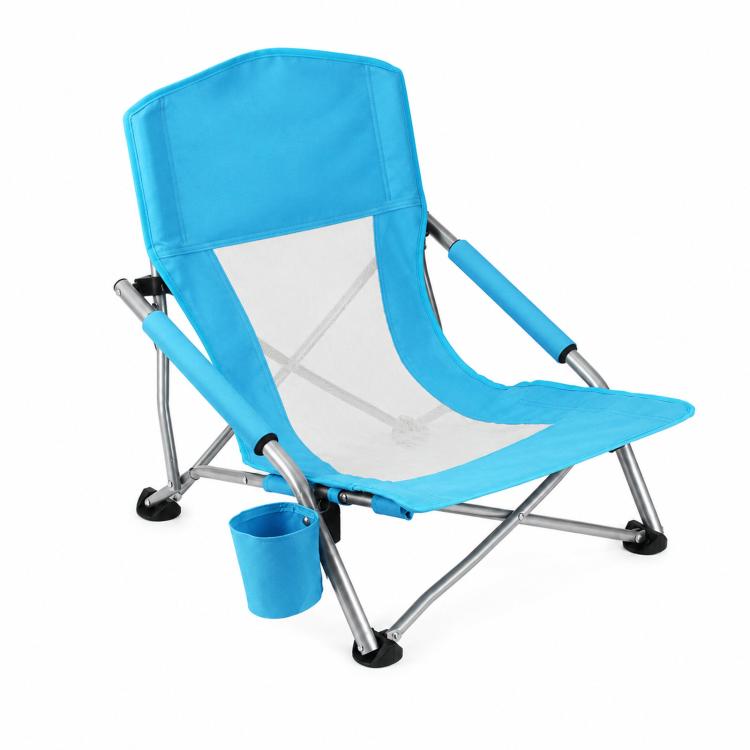 Blue folding beach chair with breathable mesh back and side cup holder pouch