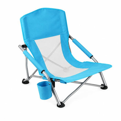 Blue folding beach chair with breathable mesh back and side cup holder pouch