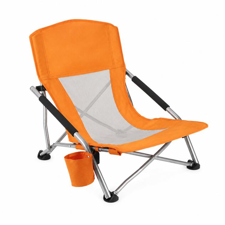 Orange folding beach chair with breathable mesh back and side cup holder pouch
