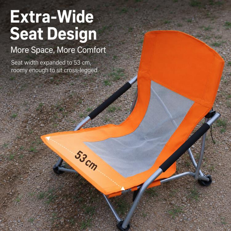Orange folding beach chair with extra-wide seat and breathable mesh back