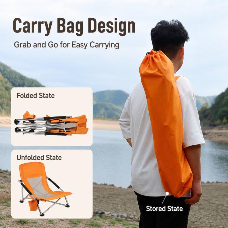 Orange folding beach chair with carry bag design for storing and transport