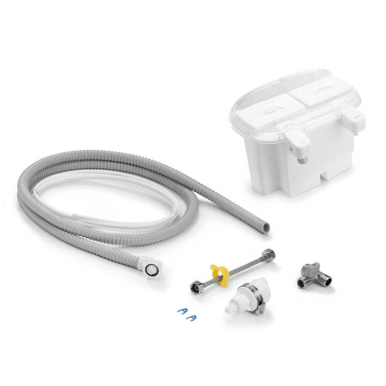 Water refill drainage kit: water tank container, hose, and drainage fittings