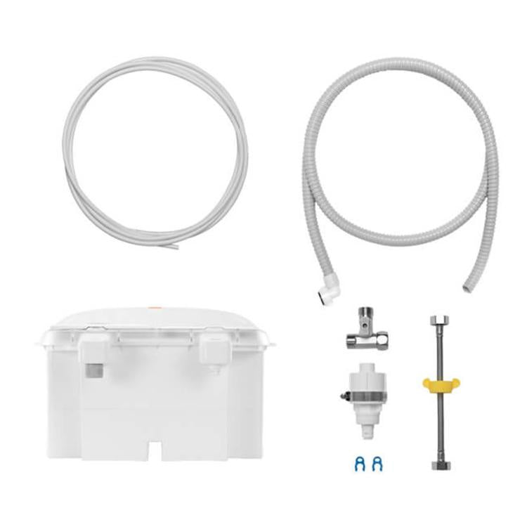 Water refill drainage kit with long grey hoses, valve parts, and white tank