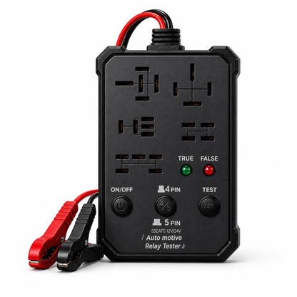 Universal automotive relay tester with black housing, red/black wiring, and socket ports