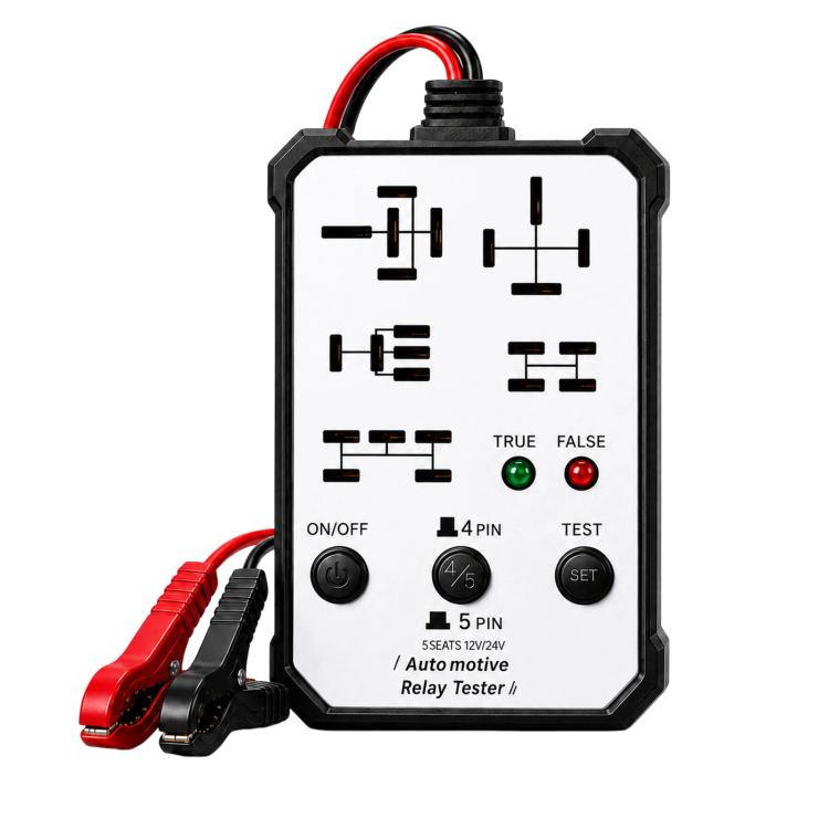 Universal automotive relay tester with black housing, indicator LEDs, and 4-pin/5-pin socket