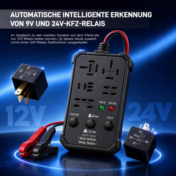 Automotive relay diagnostic tool with black relay socket, ON/OFF controls, and LED status