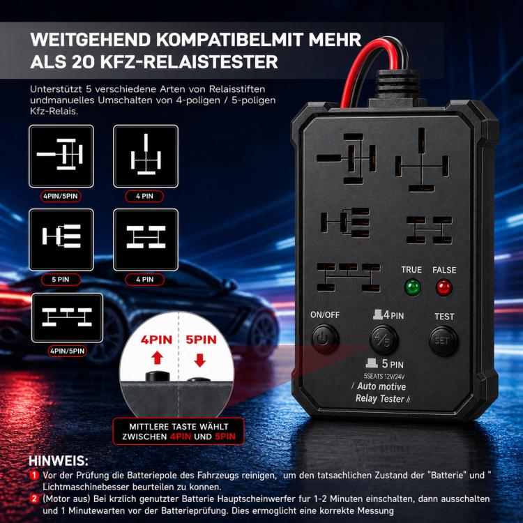 Automotive relay tester with black housing, 4-pin/5-pin sockets, and true/false LED indicator