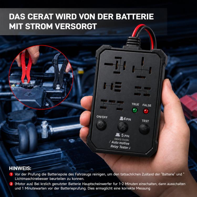 Handheld automotive relay tester with black housing and true/false LED indicators