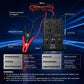 Automotive relay tester with black housing, wiring leads, and LED battery test display