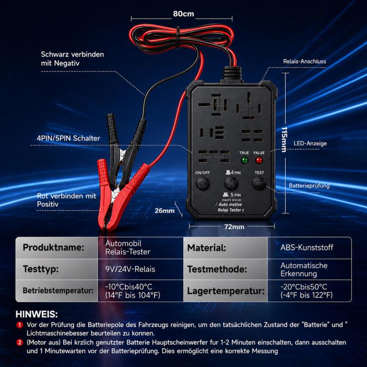 Automotive relay tester with black housing, wiring leads, and LED battery test display