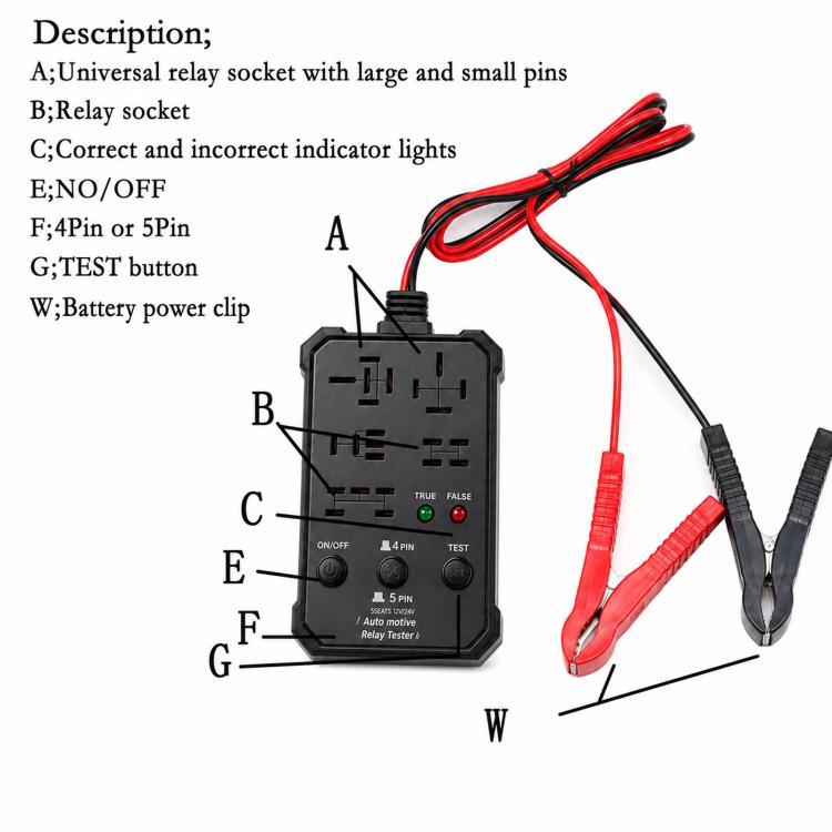 Universal relay tester kit with black socket base and red/black battery power clips