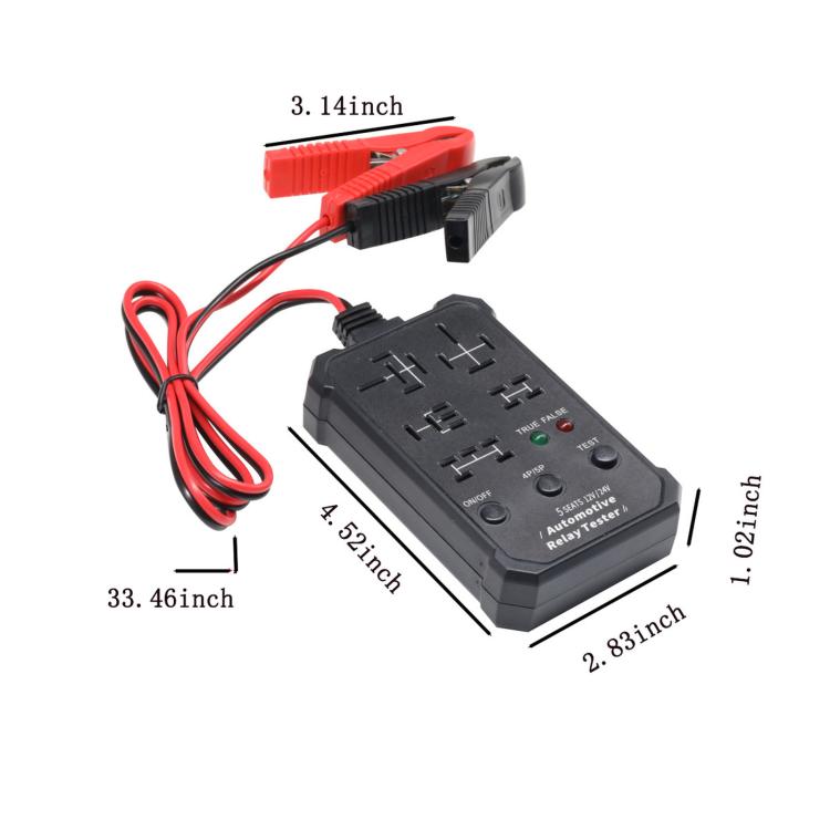 Automotive relay tester with black housing, red/black leads, and compact dimensions