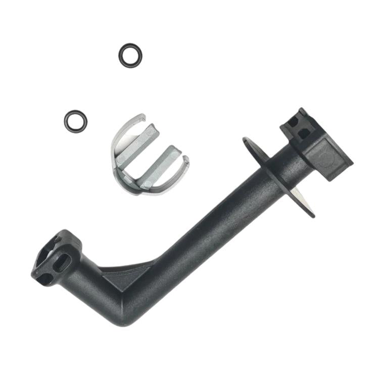 Pressure washer water outlet hose connector, black L-shaped tube with mounting bracket and clips
