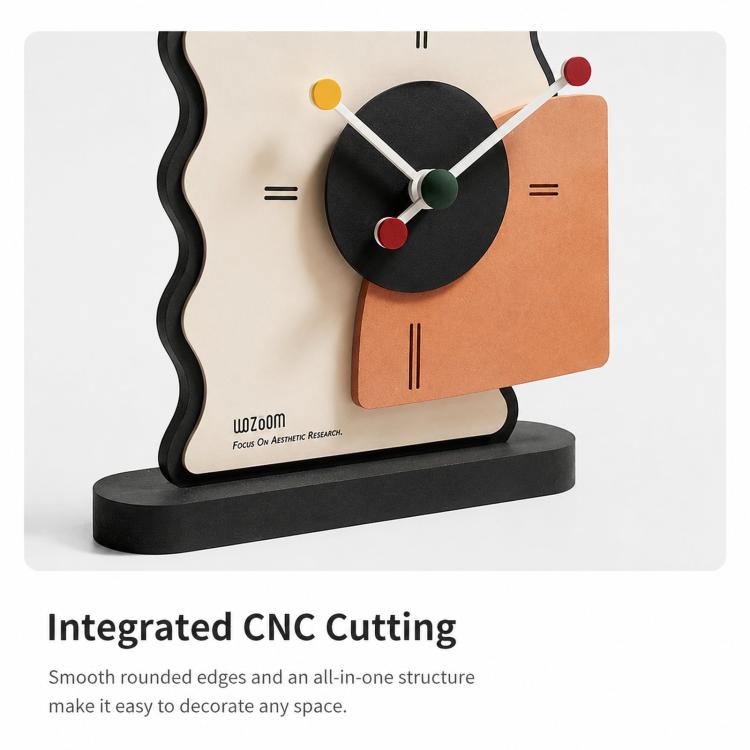 Geometric acrylic desk clock on black base, black and orange face