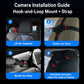 Car baby monitor camera mounting guide with headrest hook-and-loop strap steps