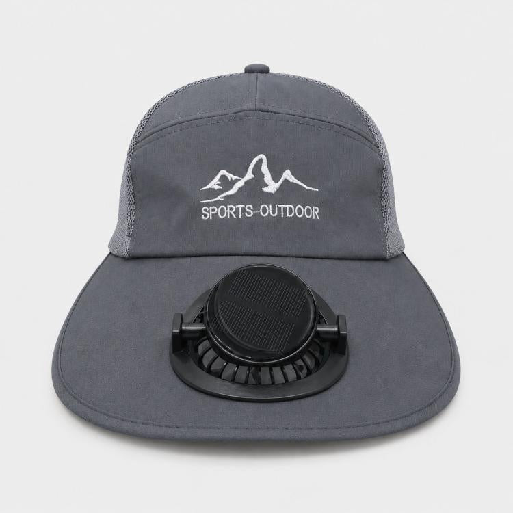 Dark gray wide-brim solar fan hat with circular top fan housing on front