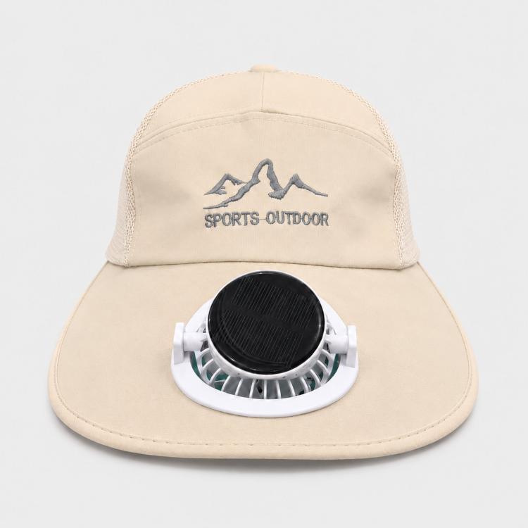 Beige wide-brim solar fan hat with front fan grille and white cooling ring