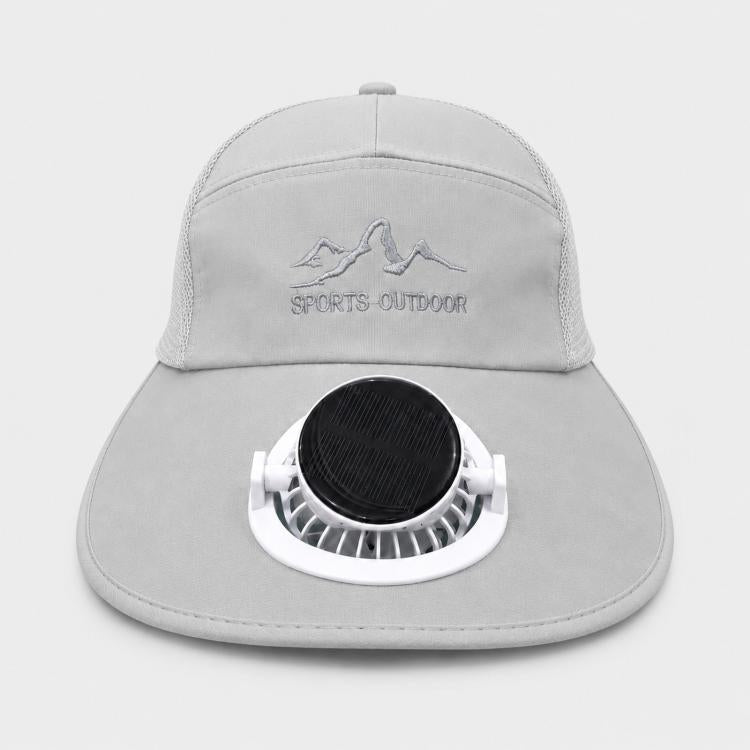 Light gray wide-brim solar fan hat with black fan head and silver ring