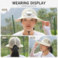 Beige wide-brim solar fan hat with front display panel and neck cord