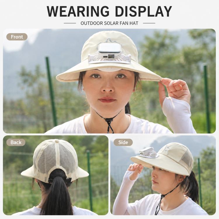 Beige wide-brim solar fan hat with front display panel and neck cord
