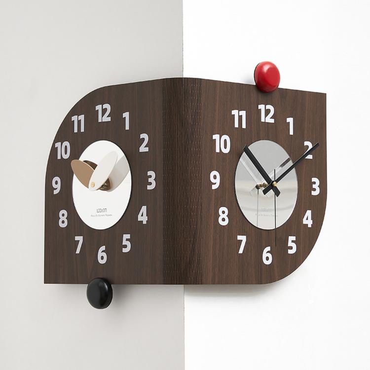 Dark brown dual-dial corner wall clock with white hands and red and black knobs