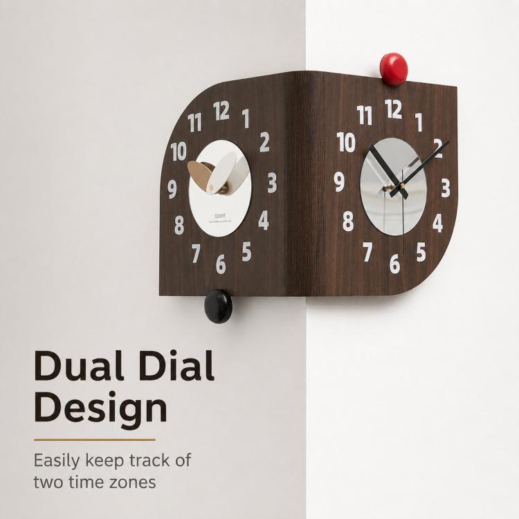 Dark brown and beige dual-dial corner wall clock with white hands and red knob