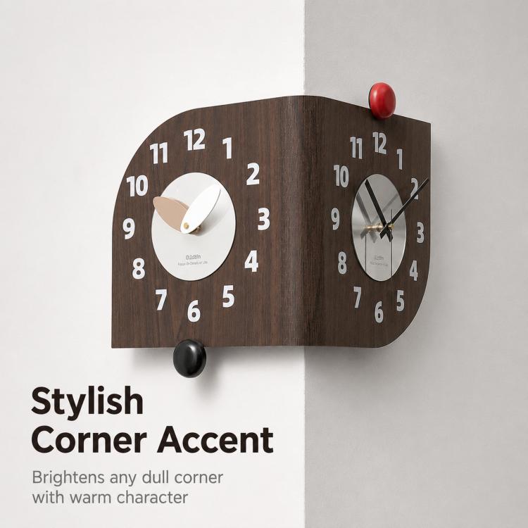 Dark brown dual-dial corner wall clock with white hands and red knob