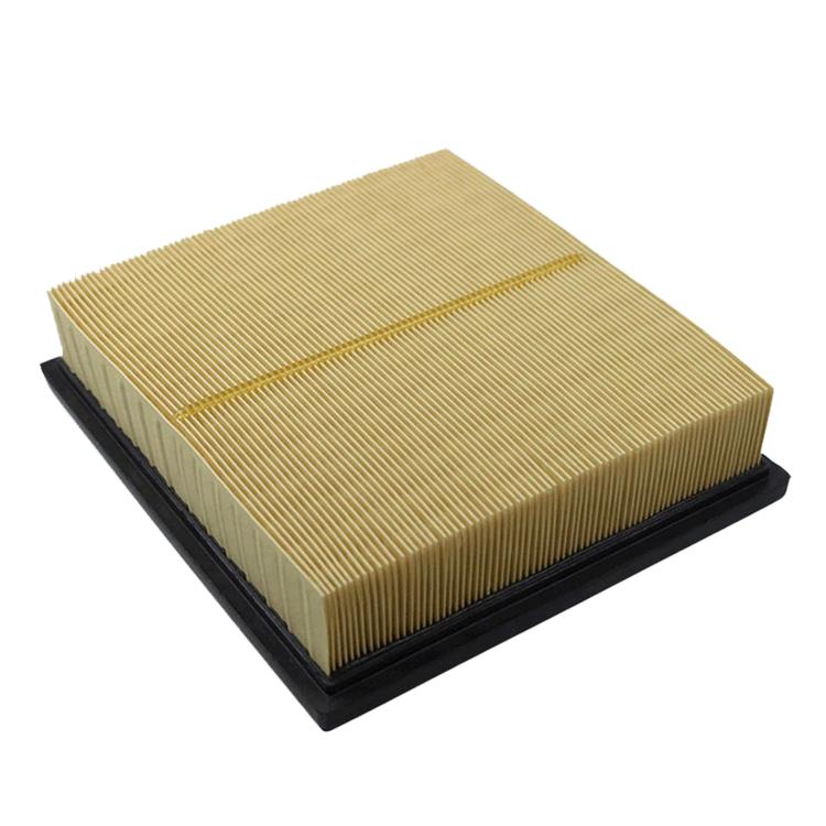 Car air filter element with pleated paper media and black plastic frame